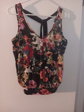 Lily Star Black Floral V-Neck Tank with Elastic Hem